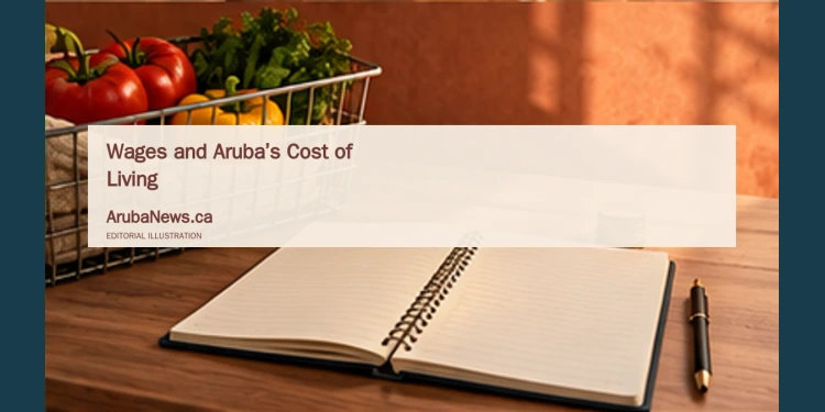 Conceptual editorial illustration of a grocery basket, blank household budget notebook and coins; not an actual household budget.