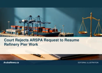 Conceptual editorial illustration of unmarked cargo pier model beside a closed contract folder and plain balance scale on a desk, steel blue and amber palette, side view; no real refinery, documents, logos or text. Not a photograph of the actual people, documents or location.