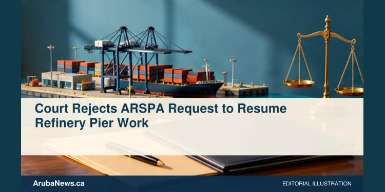 Court Rejects ARSPA Request to Resume Refinery Pier Work Conceptual editorial illustration of unmarked cargo pier model beside a closed contract folder and plain balance scale on a desk, steel blue and amber palette, side view; no real refinery, documents, logos or text. Not a photograph of the actual people, documents or location.