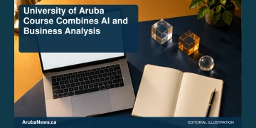 University of Aruba Course Combines AI and Business Analysis Conceptual editorial illustration: Overhead conceptual still life of an unbranded laptop with a completely blank screen, blank financial-analysis notebook and small transparent geometric blocks on a navy and amber study desk. No charts, digits, text, logos, people or actual university classroom. Not a photograph of the reported people or event.