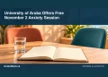 Conceptual editorial illustration: Quiet learning space with two empty colorful chairs, a plain glass of water and a small plant beside an open blank notebook, warm peach and teal, soft window light, broad negative space, no people, lettering, logos or medical claims. Not a photograph of the actual event, people or location.
