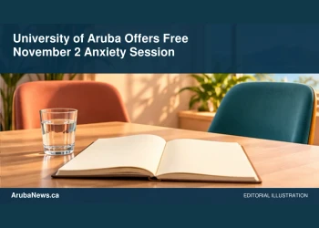 Conceptual editorial illustration: Quiet learning space with two empty colorful chairs, a plain glass of water and a small plant beside an open blank notebook, warm peach and teal, soft window light, broad negative space, no people, lettering, logos or medical claims. Not a photograph of the actual event, people or location.