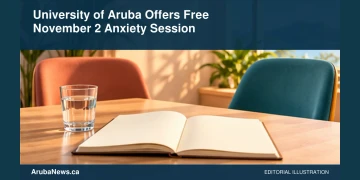 Conceptual editorial illustration: Quiet learning space with two empty colorful chairs, a plain glass of water and a small plant beside an open blank notebook, warm peach and teal, soft window light, broad negative space, no people, lettering, logos or medical claims. Not a photograph of the actual event, people or location.