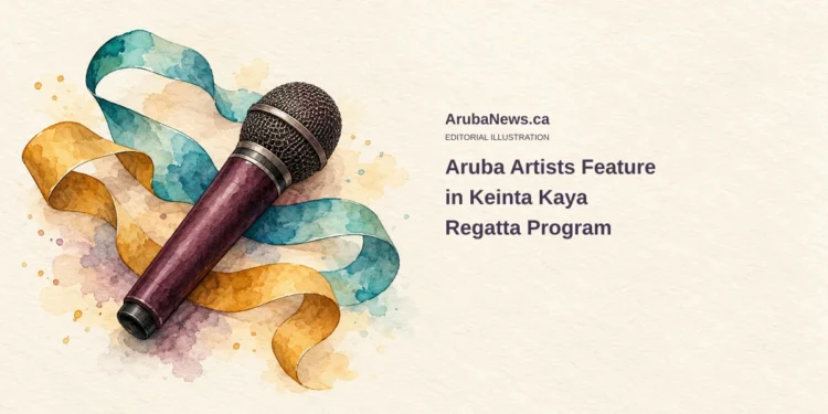 Conceptual watercolor editorial illustration of a plum-coloured microphone with turquoise and ochre ribbons, with the headline Aruba Artists Feature in Keinta Kaya Regatta Program and ArubaNews.ca branding.