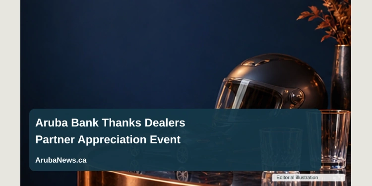Aruba Bank Hosts Appreciation Event for Vehicle Dealers Conceptual editorial illustration of a small unbranded model car beside a motorcycle helmet and two empty glasses on a reception table, navy and copper palette, no logos; not a documentary photograph of the people, venue or event.