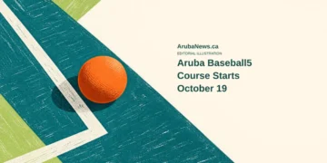 Aruba Baseball5 Course Starts October 19 Conceptual editorial illustration of an unmarked rubber ball and abstract court lines; not a photograph of the Baseball5 course, its participants or an actual venue.