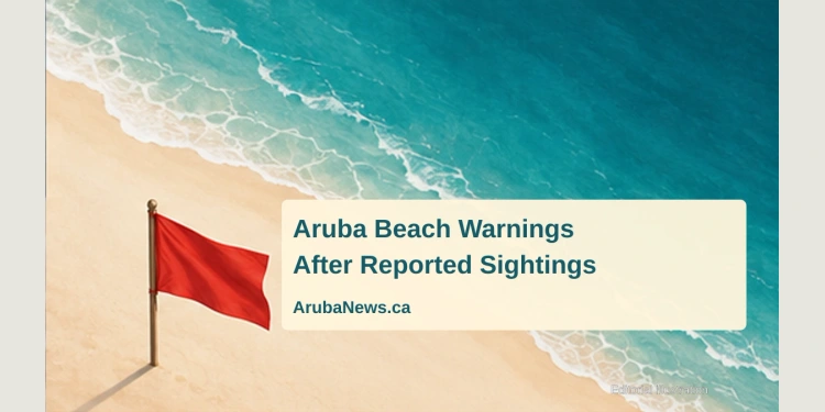 Conceptual editorial illustration of a red warning flag beside abstract sea and sand; not a photograph of the reported shark sightings or either beach.