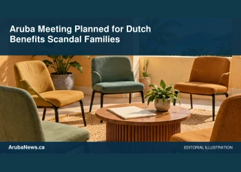Conceptual editorial illustration: Empty chairs arranged in a welcoming community room beside blank support forms and a small plant, warm ochre and sage, eye-level view. No families, case files, text or official marks. Not a photograph of the actual event, people or location.
