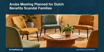 Aruba Meeting Planned for Dutch Benefits Scandal Families Conceptual editorial illustration: Empty chairs arranged in a welcoming community room beside blank support forms and a small plant, warm ochre and sage, eye-level view. No families, case files, text or official marks. Not a photograph of the actual event, people or location.