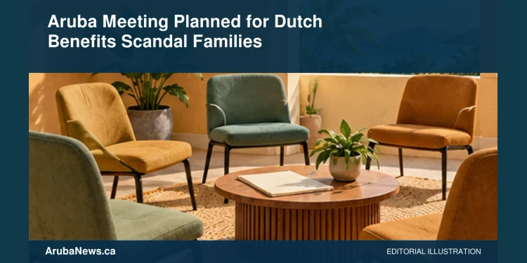 Aruba Meeting Planned for Dutch Benefits Scandal Families Conceptual editorial illustration: Empty chairs arranged in a welcoming community room beside blank support forms and a small plant, warm ochre and sage, eye-level view. No families, case files, text or official marks. Not a photograph of the actual event, people or location.
