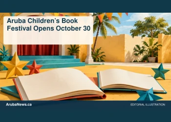 Conceptual editorial illustration: Open blank children’s books with colorful paper stars and a small unmarked theatre curtain in a courtyard setting, joyful yellow and turquoise, low angle. No lettering, people, real venue or copyrighted characters. Not a photograph of the actual event, people or location.