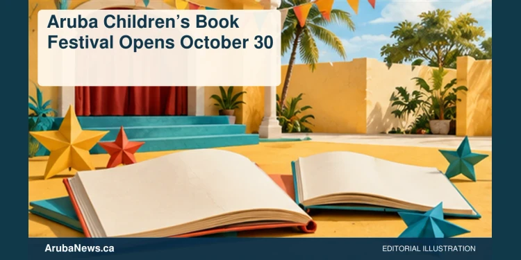 Conceptual editorial illustration: Open blank children’s books with colorful paper stars and a small unmarked theatre curtain in a courtyard setting, joyful yellow and turquoise, low angle. No lettering, people, real venue or copyrighted characters. Not a photograph of the actual event, people or location.