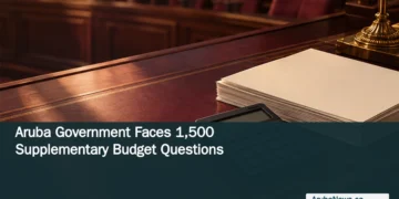 Conceptual editorial illustration of a calculator and stack of blank budget papers on a parliamentary-style wooden desk.