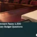 Conceptual editorial illustration of a calculator and stack of blank budget papers on a parliamentary-style wooden desk.