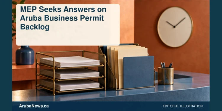 Conceptual editorial illustration: Blank folders and document trays on a generic service counter with an unnumbered clock, terracotta and blue, low side viewpoint; no people, official permits, letters, seals, logos or text. Not a photograph of the reported people or event.