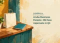 Conceptual editorial illustration of a generic small shop counter, a blank shopping bag and a notebook; not an actual Aruba business or an official permit document.