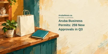 Aruba Business Permits: 259 New Approvals in Q3 Conceptual editorial illustration of a generic small shop counter, a blank shopping bag and a notebook; not an actual Aruba business or an official permit document.
