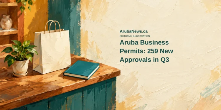 Conceptual editorial illustration of a generic small shop counter, a blank shopping bag and a notebook; not an actual Aruba business or an official permit document.
