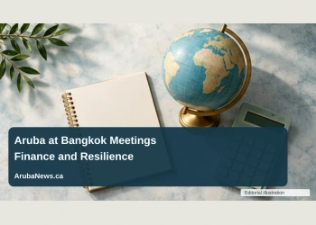 Conceptual editorial illustration of an overhead arrangement of a blank conference notebook, a plain globe and an unmarked calculator on a light stone table, soft teal daylight, no logos or writing; not a documentary photograph of the people, venue or event.