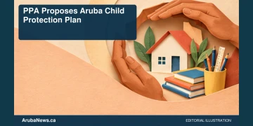 PPA Proposes Aruba Child Protection Plan Conceptual editorial illustration: Warm paper-cut illustration of protective adult hands surrounding a small abstract house and school supplies; no children or identifiable people