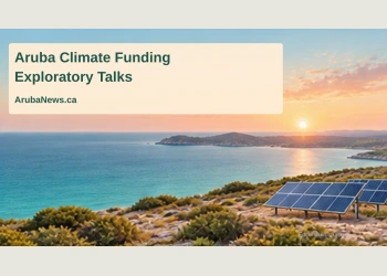 Conceptual editorial illustration of a coastal landscape and solar panels, representing environmental investment; not a photograph of an approved Aruba project.