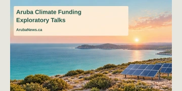 Conceptual editorial illustration of a coastal landscape and solar panels, representing environmental investment; not a photograph of an approved Aruba project.