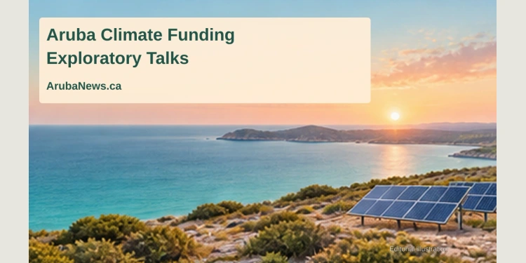 Eman Explores Funding for Aruba Conservation and Energy Plans Conceptual editorial illustration of a coastal landscape and solar panels, representing environmental investment; not a photograph of an approved Aruba project.