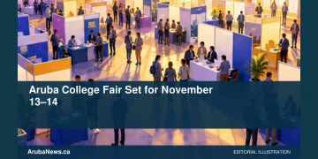 Aruba College Fair Set for November 13–14 Conceptual editorial illustration: Lively wide editorial illustration of a generic education fair with varied booth shapes and small anonymous adult silhouettes, golden afternoon light and violet accents, no signage or logos