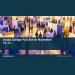 Conceptual editorial illustration: Lively wide editorial illustration of a generic education fair with varied booth shapes and small anonymous adult silhouettes, golden afternoon light and violet accents, no signage or logos
