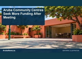 Conceptual editorial illustration of empty neighbourhood recreation courtyard with a basketball hoop and unmarked community room, sunlit coral walls and green shade, wide low-angle composition; no people, text or identifiable buildings. Not a photograph of the actual people, documents or location.