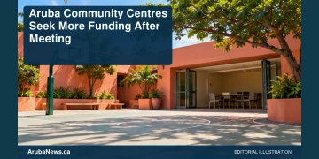 Aruba Community Centres Seek More Funding After Meeting Conceptual editorial illustration of empty neighbourhood recreation courtyard with a basketball hoop and unmarked community room, sunlit coral walls and green shade, wide low-angle composition; no people, text or identifiable buildings. Not a photograph of the actual people, documents or location.