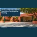 Conceptual editorial illustration of empty neighbourhood recreation courtyard with a basketball hoop and unmarked community room, sunlit coral walls and green shade, wide low-angle composition; no people, text or identifiable buildings. Not a photograph of the actual people, documents or location.