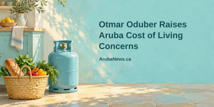 Conceptual editorial illustration of a small shopping basket with bread, vegetables and an unbranded household gas cylinder in a simple island kitchen, with the article headline and ArubaNews.ca branding.