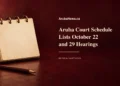 Conceptual editorial illustration of a blank desktop calendar and pencil on burgundy, with the Aruba court schedule headline and October 22 and 29 dates; not an actual court docket.