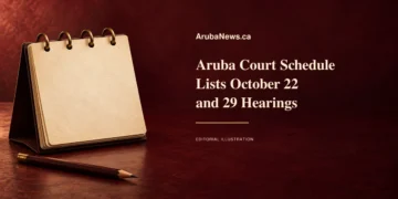Conceptual editorial illustration of a blank desktop calendar and pencil on burgundy, with the Aruba court schedule headline and October 22 and 29 dates; not an actual court docket.