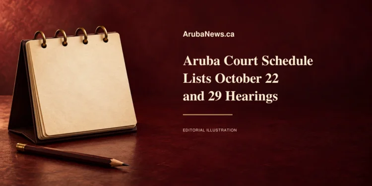 Conceptual editorial illustration of a blank desktop calendar and pencil on burgundy, with the Aruba court schedule headline and October 22 and 29 dates; not an actual court docket.