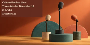 Culture Festival Lists Three Acts for December 19 in Aruba Conceptual editorial illustration of three unbranded miniature microphones and colorful rhythm forms on an ochre stage-like tabletop, with the article headline and ArubaNews.ca branding.
