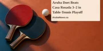 Conceptual editorial illustration of two table-tennis paddles and a white ball on a terracotta surface, with the article headline and ArubaNews.ca branding.