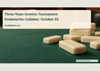 Conceptual editorial illustration of a set of plain ivory domino tiles on a green tabletop with empty chairs softly out of focus, close-up angle, no text, logos or people; not a documentary photograph of the people, venue or event.