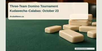 Three Teams Set for October 23 Domino Tournament in Kudawecha Conceptual editorial illustration of a set of plain ivory domino tiles on a green tabletop with empty chairs softly out of focus, close-up angle, no text, logos or people; not a documentary photograph of the people, venue or event.