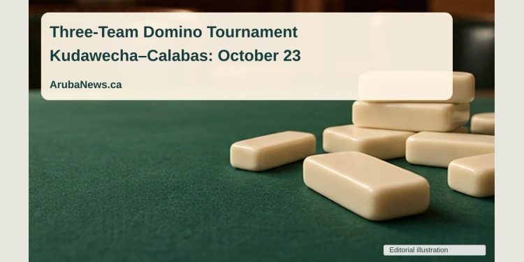 Conceptual editorial illustration of a set of plain ivory domino tiles on a green tabletop with empty chairs softly out of focus, close-up angle, no text, logos or people; not a documentary photograph of the people, venue or event.