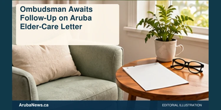 Ombudsman Awaits Follow-Up on Aruba Elder-Care Letter Conceptual editorial illustration: An empty comfortable chair beside a blank letter and reading glasses in a bright accessible room, soft sage and cream colors, thoughtful eye-level composition. Not a photograph of the actual people, event or location.
