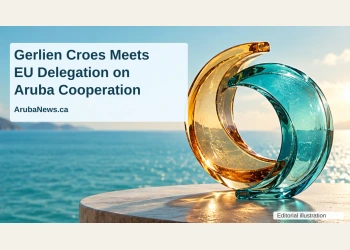 Conceptual editorial illustration of interlocking gold and teal glass arcs beside the sea, with the Aruba EU cooperation headline and ArubaNews.ca branding.