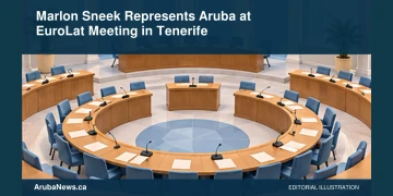 Conceptual editorial illustration of empty semicircular parliamentary conference desks with blank papers, broad elevated view in pale blue and cream, no real chamber, flags, people, emblems or text. Not a photograph of the reported event.
