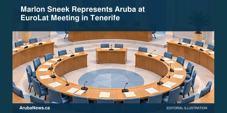 Conceptual editorial illustration of empty semicircular parliamentary conference desks with blank papers, broad elevated view in pale blue and cream, no real chamber, flags, people, emblems or text. Not a photograph of the reported event.