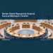 Marlon Sneek Represents Aruba at EuroLat Meeting in Tenerife Conceptual editorial illustration of empty semicircular parliamentary conference desks with blank papers, broad elevated view in pale blue and cream, no real chamber, flags, people, emblems or text. Not a photograph of the reported event.