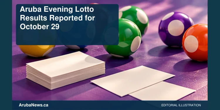 Aruba Evening Lotto Results Reported for October 29 Conceptual editorial illustration of unnumbered lottery balls on a purple tabletop with plain blank slips, close-up diagonal view, no writing or logos. Not a photograph of the reported event.