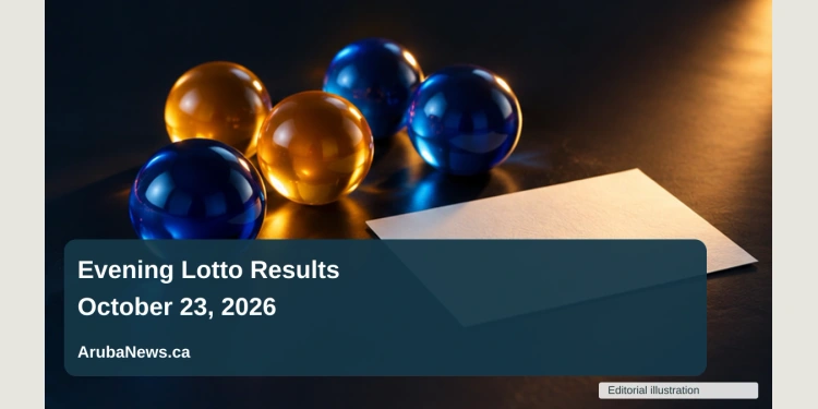 Aruba Evening Lotto Results for October 23, 2026 Conceptual editorial illustration of minimal cobalt-blue and amber unnumbered lottery balls on a dark midnight table with a blank paper slip, low oblique perspective, clean negative space, no numbers or logos; not a documentary photograph.