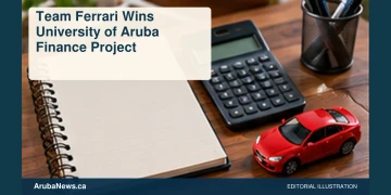 Team Ferrari Wins University of Aruba Finance Project Conceptual editorial illustration: A completely blank financial notebook, plain calculator with no markings, and small unbranded red toy sports car on a university desk, side light, slate blue and warm red palette. Not a photograph of the actual people, event or location.