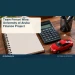 Conceptual editorial illustration: A completely blank financial notebook, plain calculator with no markings, and small unbranded red toy sports car on a university desk, side light, slate blue and warm red palette. Not a photograph of the actual people, event or location.